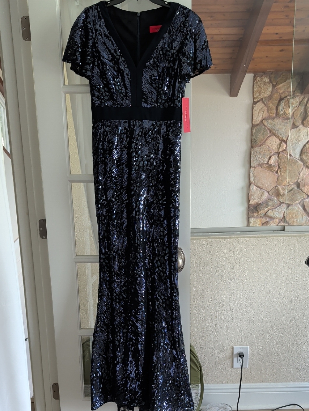 Carmen Marc Valvo Navy Black Sequin Maxi Dress